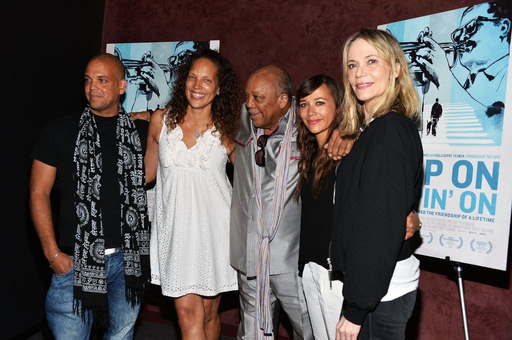 Quincy Jones III, Martina Jones, Quincy Jones, Rashida Jones and Peggy Lipton arrive at the Los Angeles premiere of "Keep On Keepin' On" at the Landmark Theatre on September 17, 2014 in Los Angeles, California