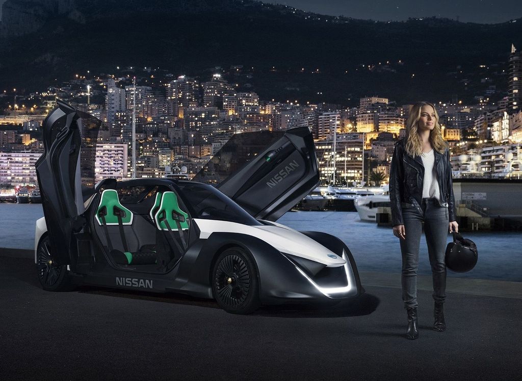 Margot Robbie with a Nissan BladeGlider concept EV - Monaco, 2017