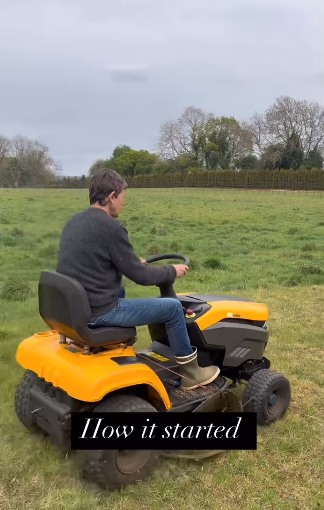 Ellen DeGeneres sitting on a yellow mower on a green field with the caption 'How it started'