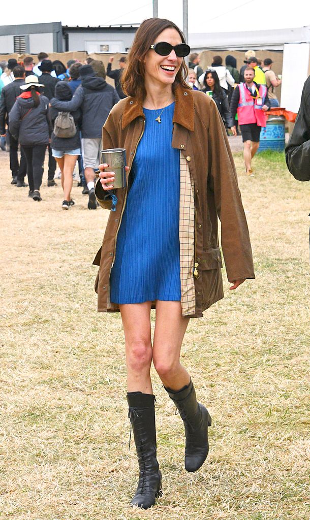 Alexa Chung is seen on day one of Glastonbury  wearing her vintage Barbour jacket on June 24, 2022 