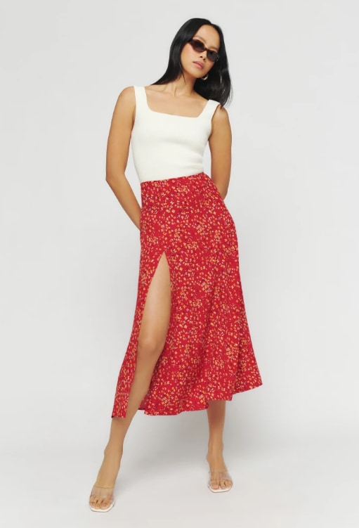 reformation red floral skirt 