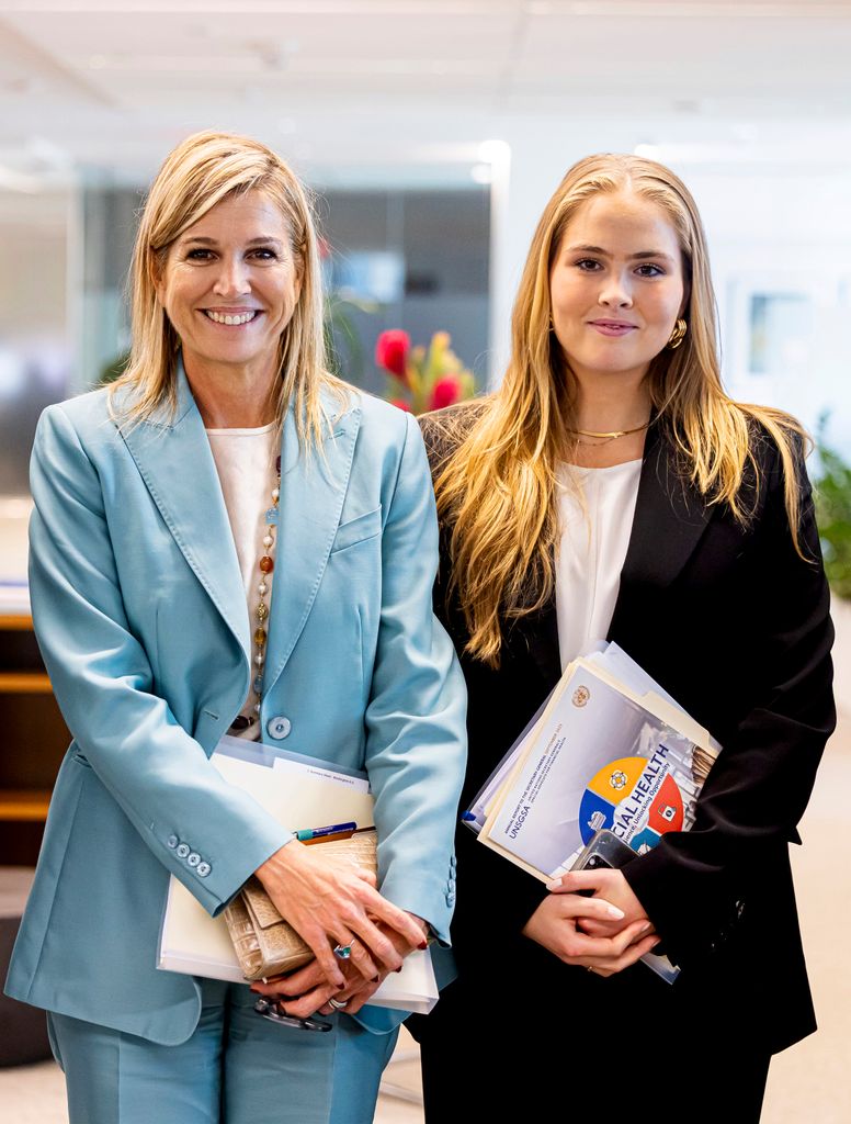 WASHINGTON, DC - SEPTEMBER 22: Queen Maxima of The Netherlands and Princess Amalia of The Netherlands visit the International Finance Corporation welcomed by director Makhtar Diop on September 22, 2025 in Washington, DC. Queen Maxima visits the bank in her capacity as United Nations Secretary General's Special Advocate for Financial Health. Princess Amalia joins her mother to see her work informed the UN. (Photo by Patrick van Katwijk/Getty Images)