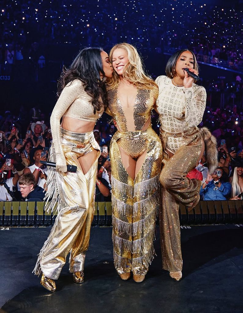 Beyoncé, Kelly Rowland and Michelle Williams captured while performing together during Beyoncé's "Cowboy Carter" show at Allegiant Stadium, shared on Instagram