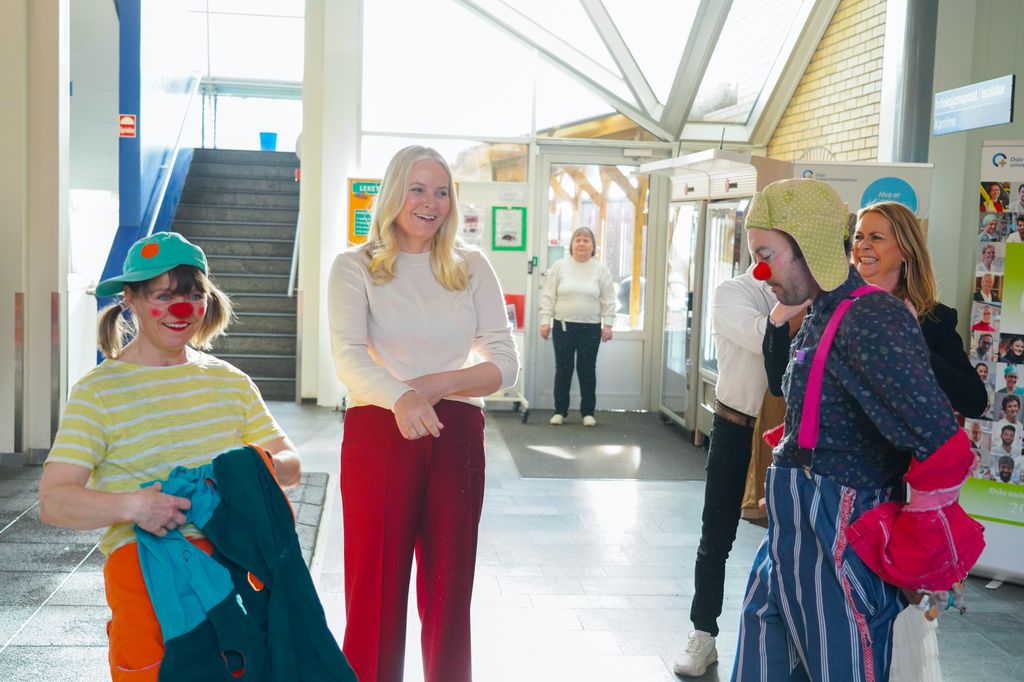 Mette-Marit met with hospital clowns at Ulleval Hospital in Oslo on Wednesday