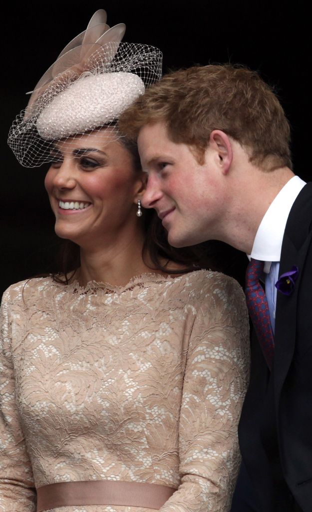 Kate Middleton and Prince Harry smile as the leave a Service Of Thanksgiving at St Paul's Cathedral on June 5, 2012 in London