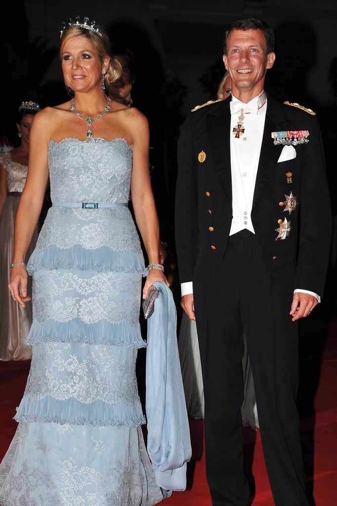 Queen Maxima in blue gown and tiara with prince alois