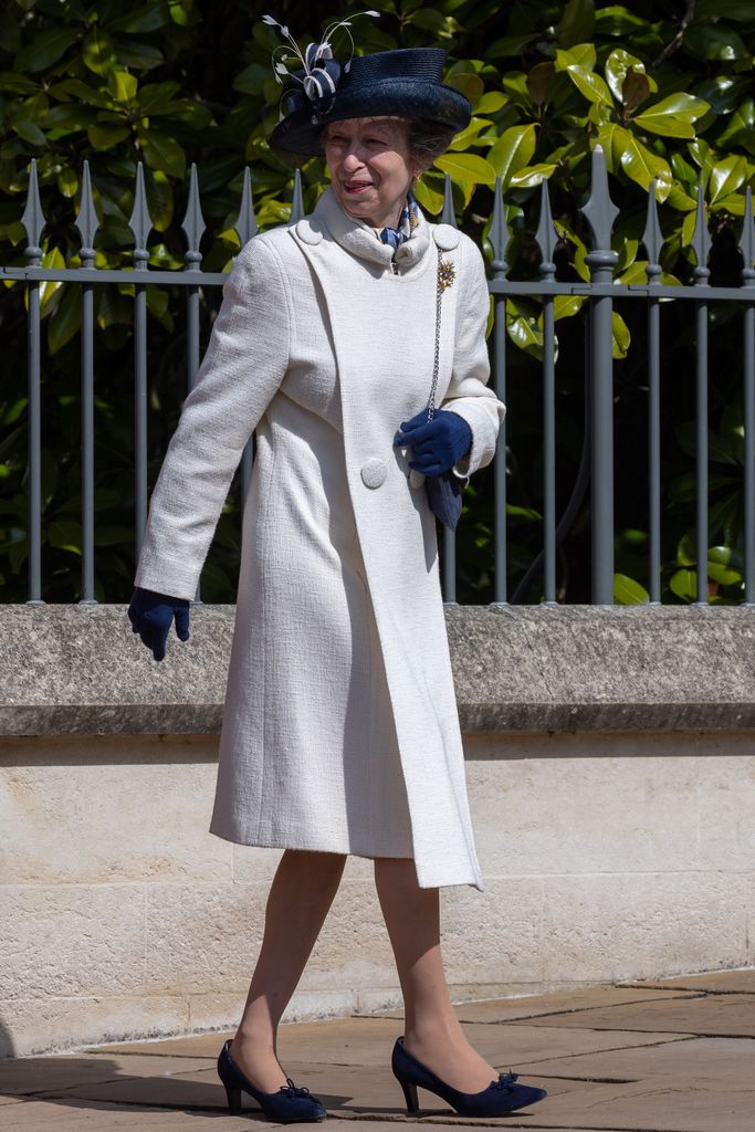 Princess Anne, Princess Royal, departs after attending the Easter Sunday church service at St George's Chapel in Windsor Castle on 9 April 2023 in Windsor, United Kingdom.