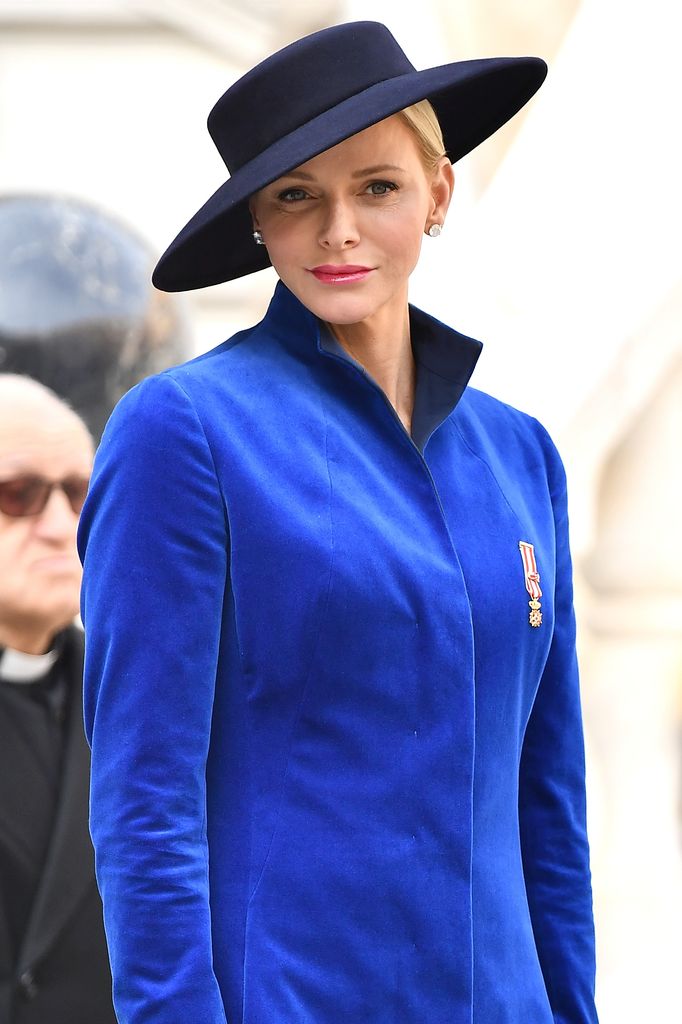 Princess Charlene in blue velvet coat and hat
