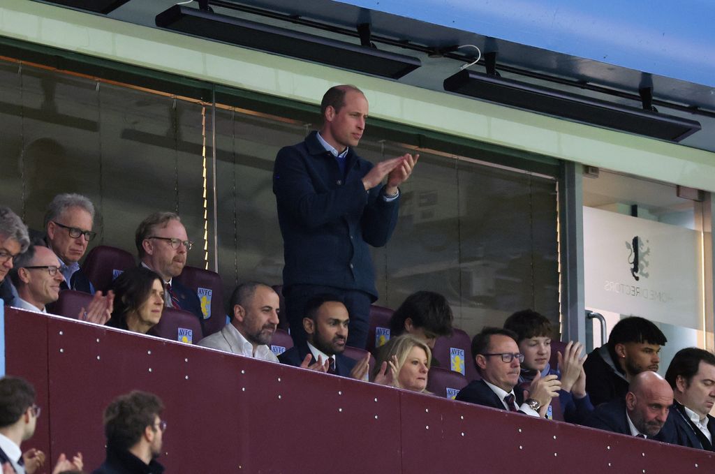 Prince William, Prince of Wales applauds as he watches from the stands during the UEFA Europa Conference League 2023/24 Quarter-final first leg match between Aston Villa and Lille OSC at Villa Park