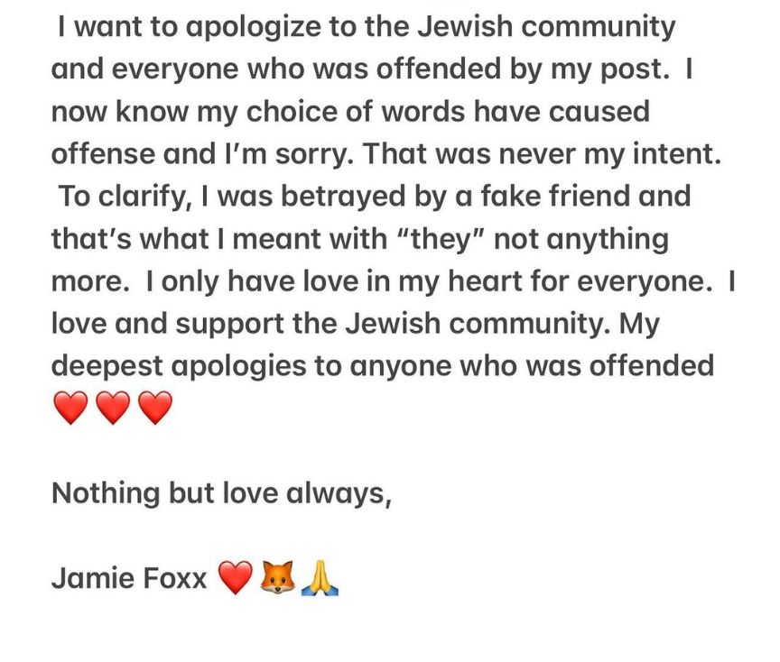 Jamie Foxx apologized to the Jewish community