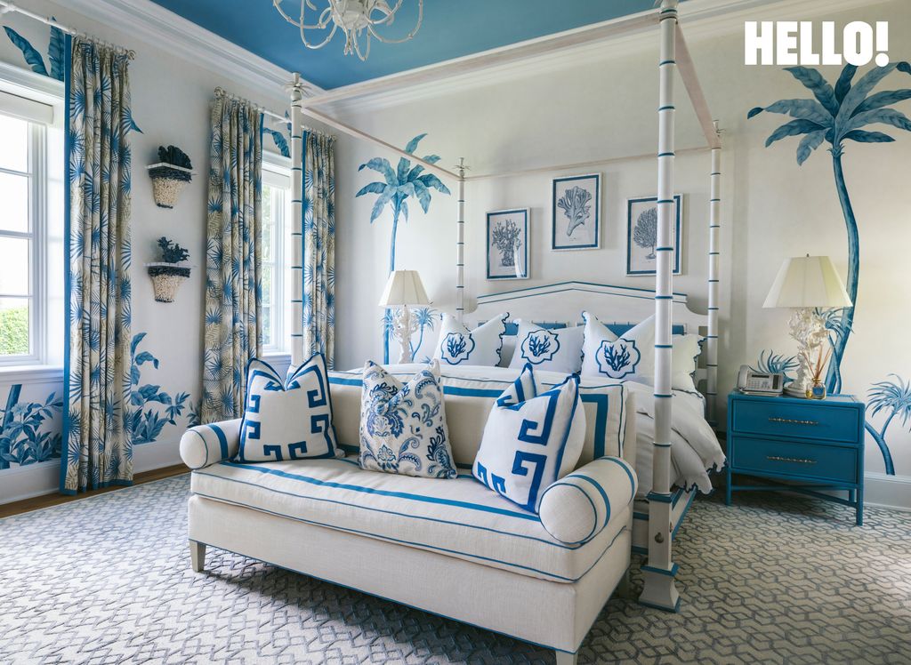 One of the blue-toned bedrooms in the Palm Beach mansion
