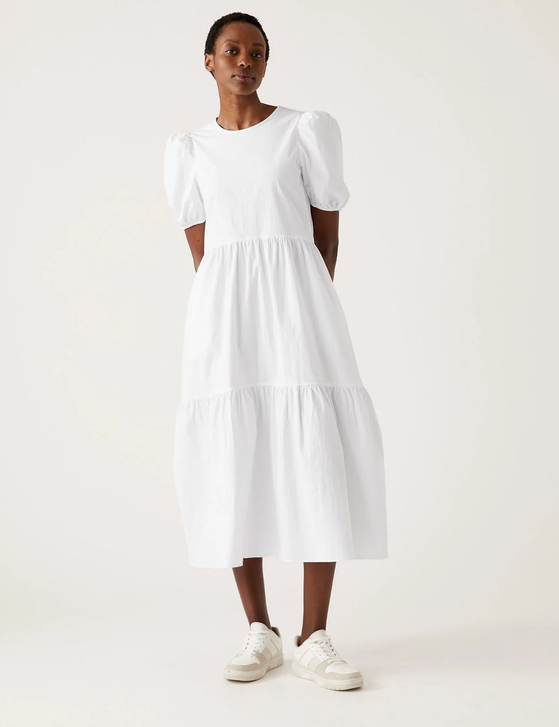 Cotton Rich Puff Sleeve Midi Tiered Dress - M&S