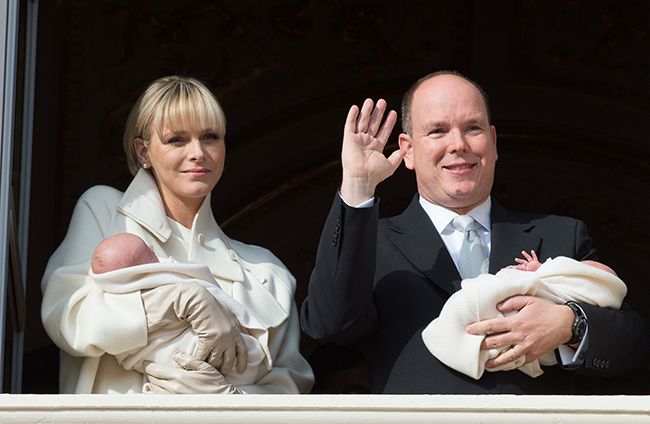 Princess Charlene and Prince Albert with twin babies on palace balcony