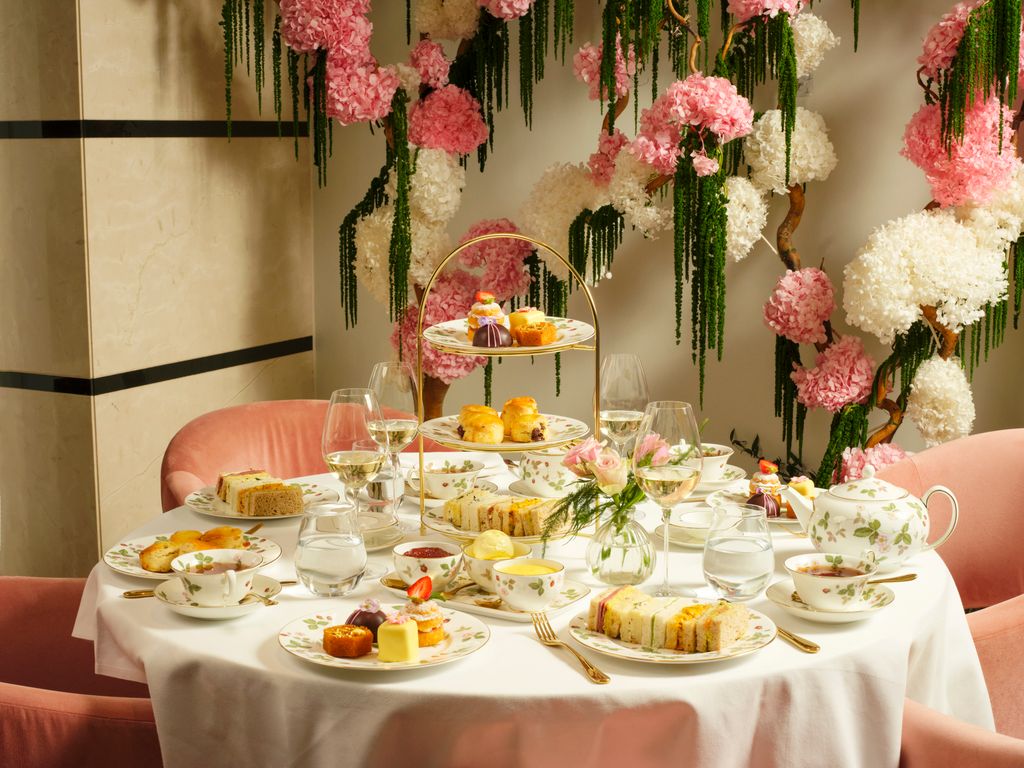 afternoon tea spread in floral room