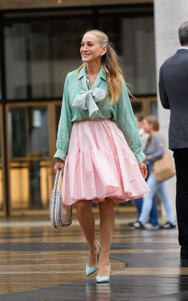 Sarah Jessica Parker on the set of 'And Just Like That' in a sage green and pink outfit