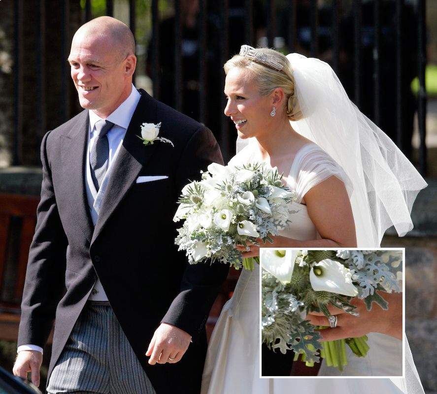 Zara and Mike Tindall on their wedding day in 2011, with a close up shot of Zara's platinum wedding band