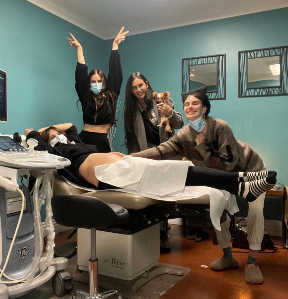 Photo shared by Demi Moore on Instagram December 2022 with her daughters at Rumer Willis' ultrasound appointment