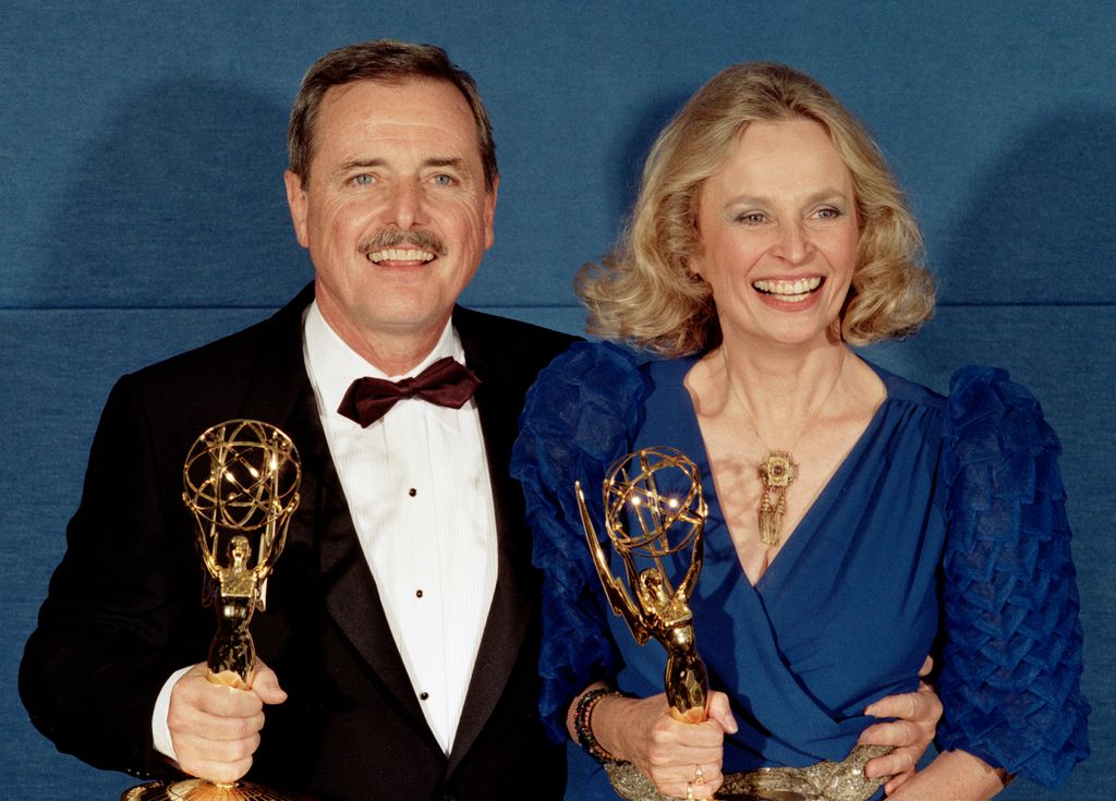 Emmy Winners and real-life husband and wife William Daniels and Bonnie Bartlett celebrate their Emmy Awards backstage at the Emmy Awards Show, September 21, 1986 in Pasadena, California