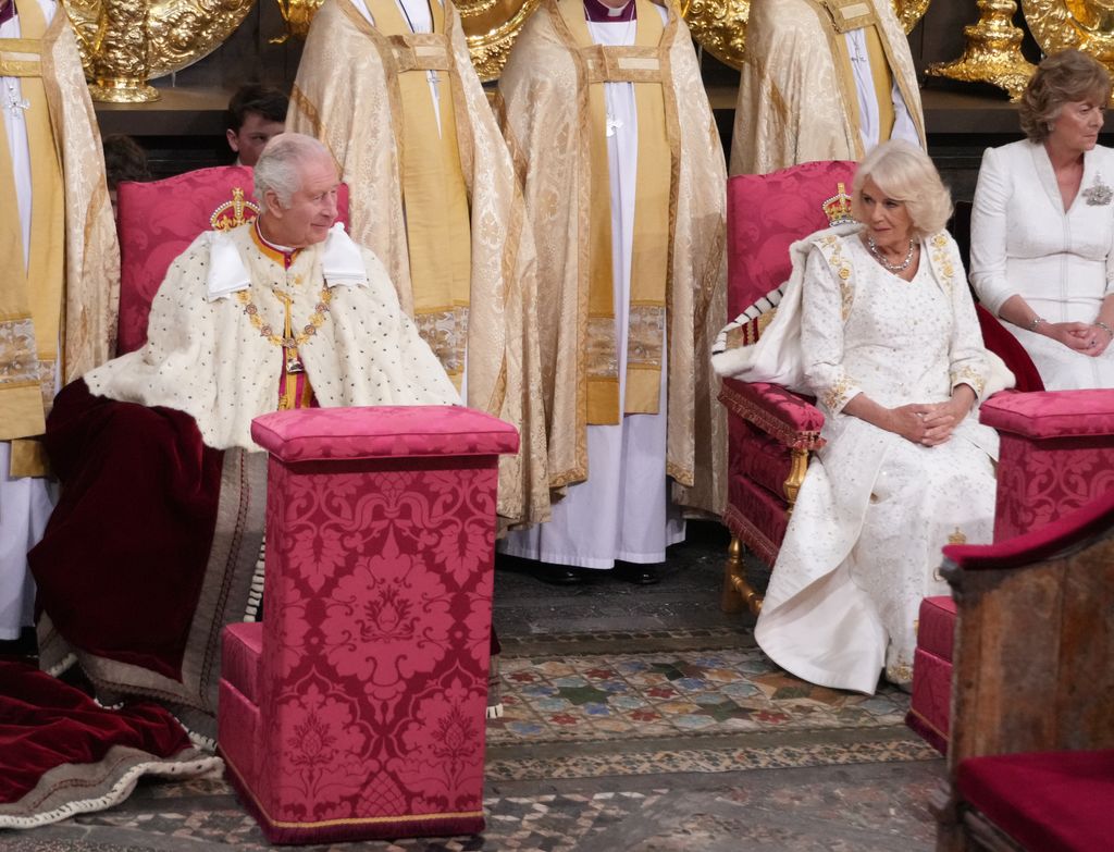 Queen Camilla looked over at King Charles during the ceremony