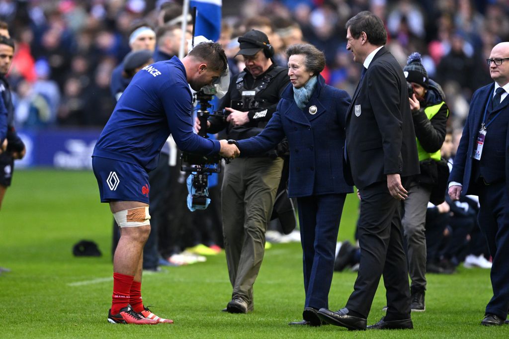 Princess Anne, Patron of Scottish Rugby Union, shakes hands with Gregory Alldritt of France prior to the Guinness Six Nations 2024 match between Scotland and France at BT Murrayfield Stadium on February 10, 2024 in Edinburgh, Scotland. 