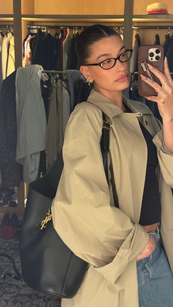 Hailey bieber in beige trench coat