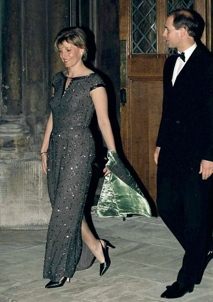 Sophie Rhys-Jones walking in sparkly evening dress 