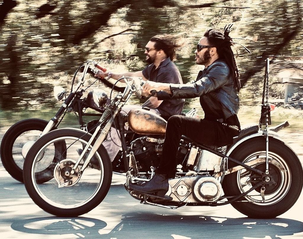 Jason Momoa and Lenny Kravitz riding motorcycles together