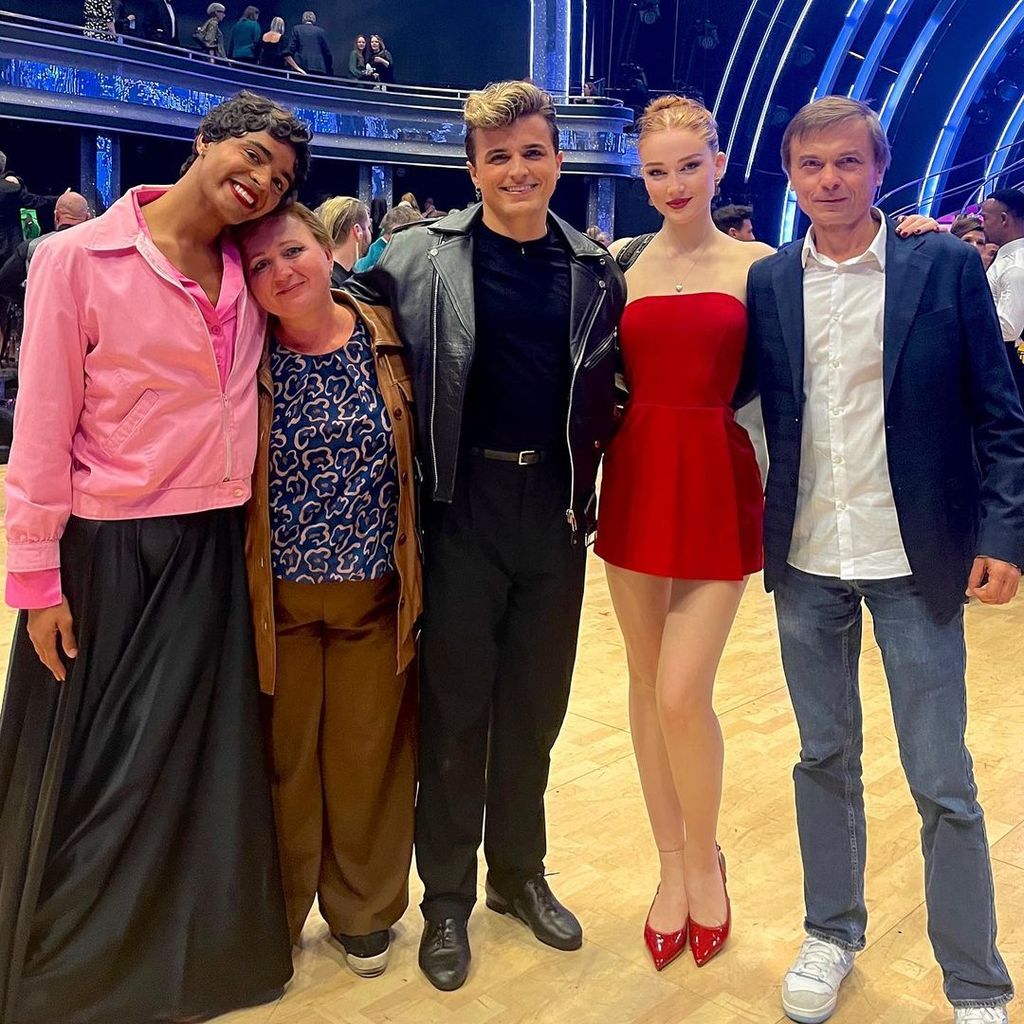 Layton Williams, Nikita's parents and girlfriend Lauren pose for photo at Strictly studios