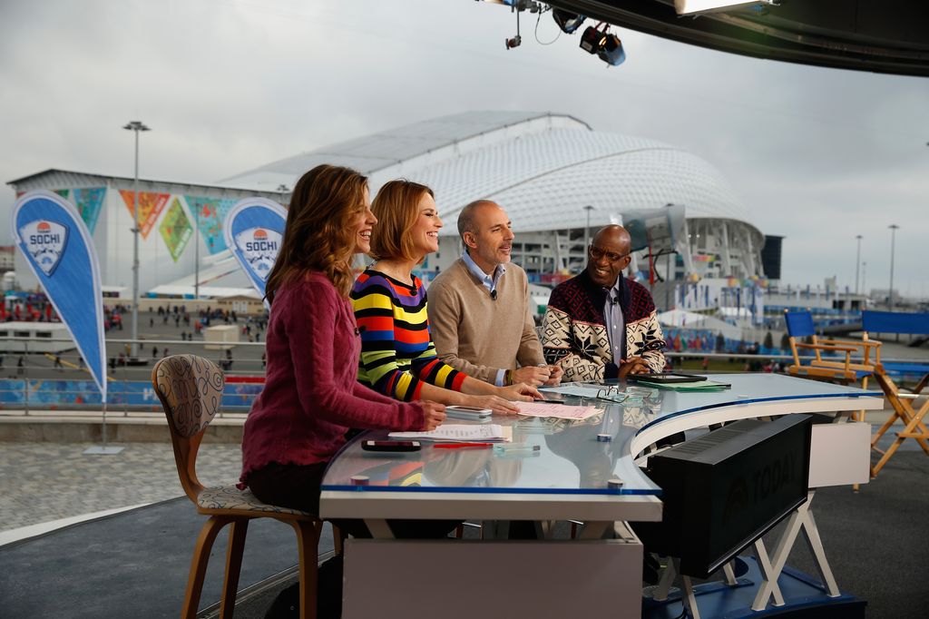 Natalie Morales, Savannah Guthrie, Matt Lauer and Al Roker wait on the set of the NBC TODAY Show  in the Olympic Park during the Sochi 2014 Winter Olympics on February 11, 2014 in Sochi, Russia