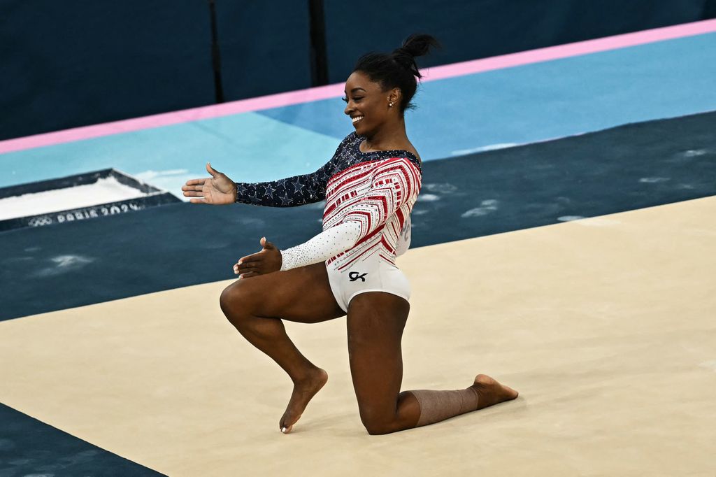 Simone Biles competes in the floor exercise event of the artistic gymnastics women's team final during the Paris 2024 Olympic Games