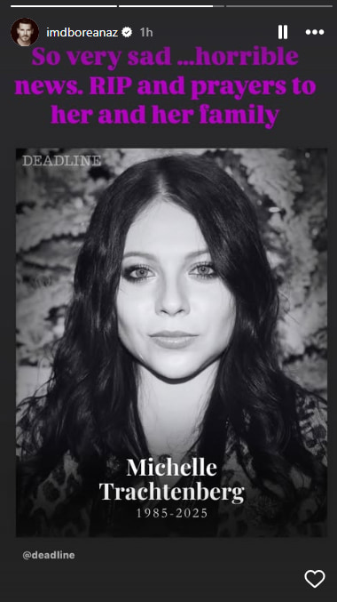 Screengrab of David Boreanaz's Instagram paying tribute to Michelle Trachtenberg