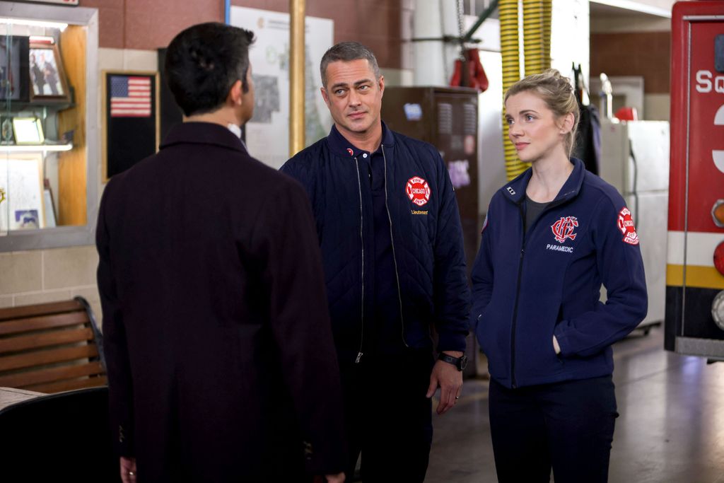 Assaf Cohen as Alexander, Taylor Kinney as Kelly Severide, Kara Killmer as Sylvie Brett on Chicago Fire season 11, 2022