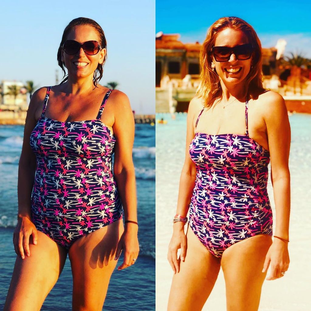 Jasmine Harman em um maiô rosa em fotos de antes e depois da perda de peso