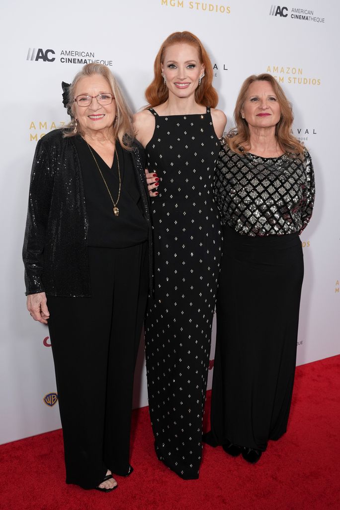 Marilyn Herst, Jessica Chastain and Jerri Chastain attend the 38th Annual American Cinematheque Awards at The Beverly Hilton on December 06, 2024 