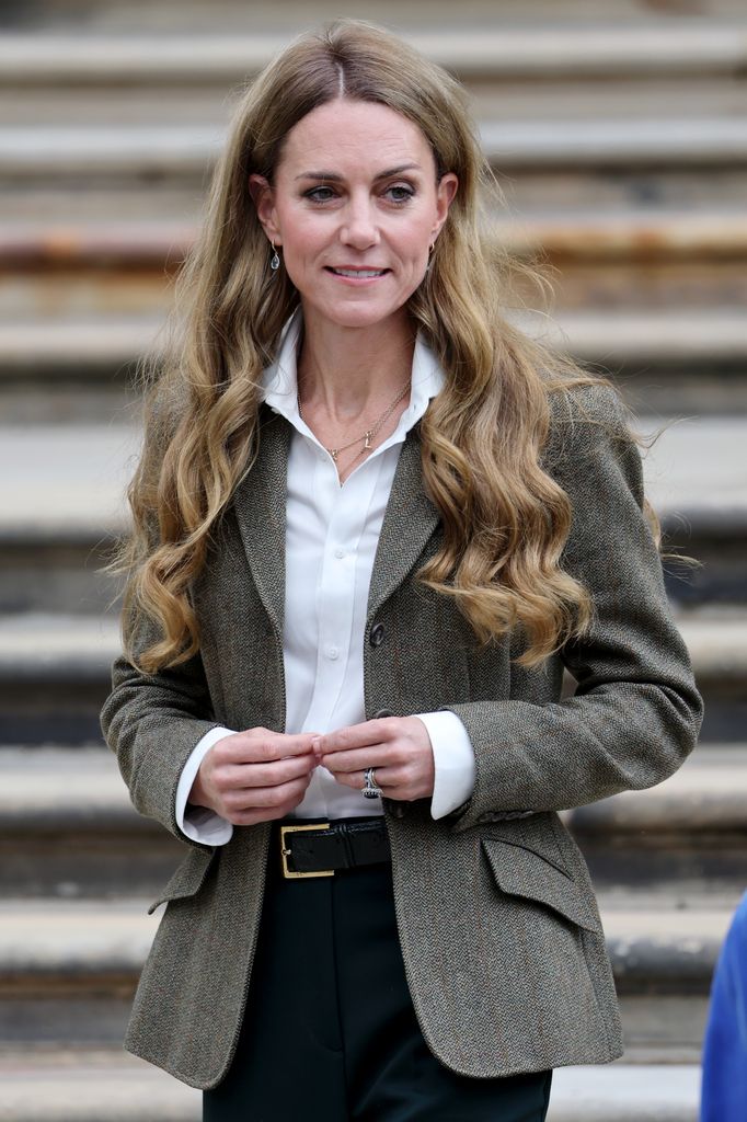  Catherine, Princess of Wales in blazer and white shirt with hands together