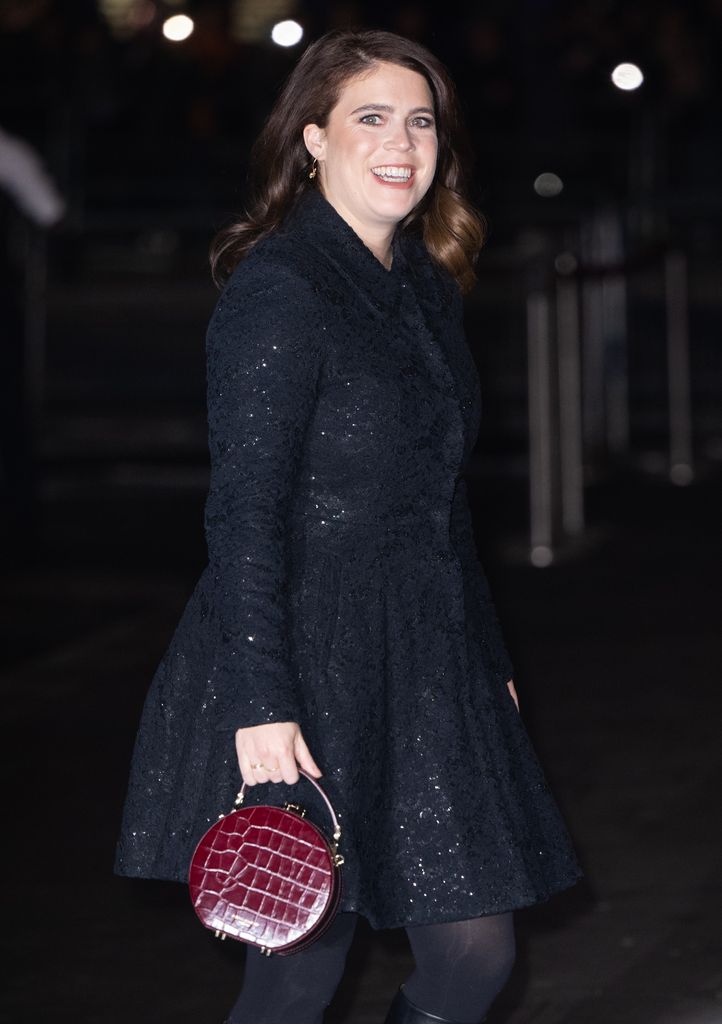 Princess Eugenie in a sparkly black coat