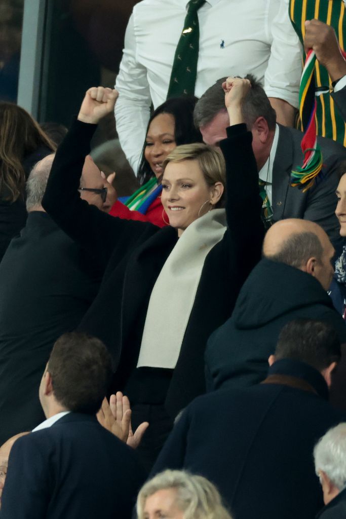 Princess Charlene of Monaco celebrates the victory for South Africa at final whistle following the Rugby World Cup France 2023