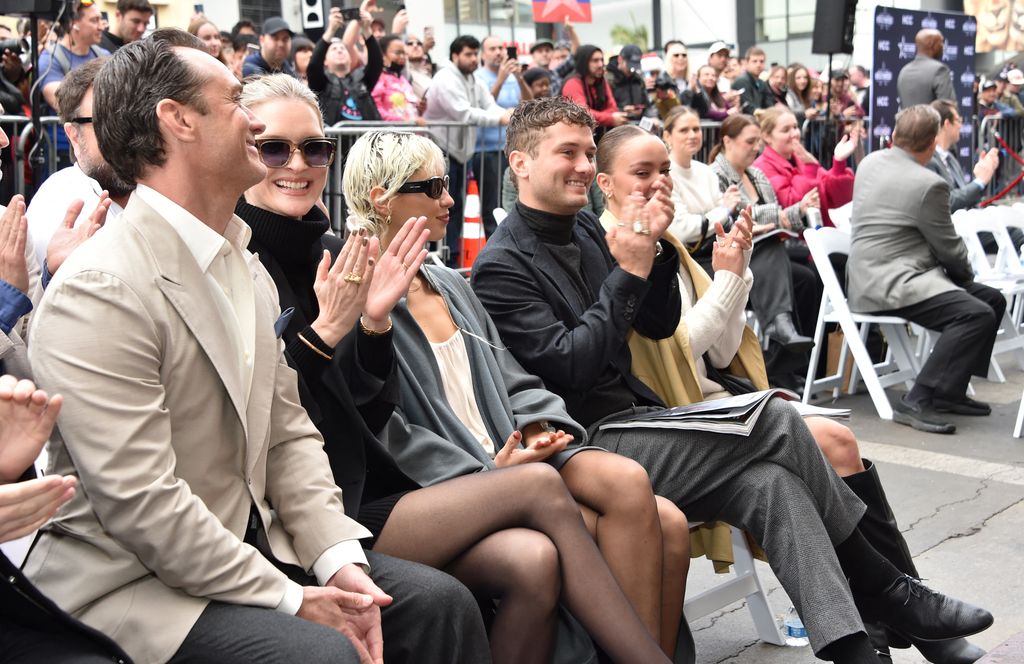 (L-R) Jude Law sits with his wife Phillipa Coan, daughter Iris Law and son Raff Law and fiance Rosa Ramirez 