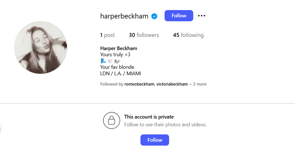 Screengrab of Harper Beckham's Instagram page