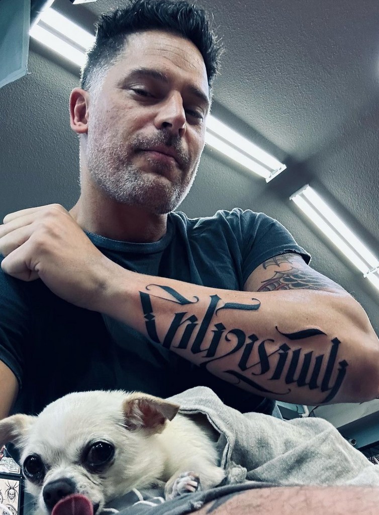 Photo posted by tattoo artist Ruben Malayan on Instagram August 2023, where Joe Manganiello is showing off his new forearm tattoo, "Հրեշտակ" or "Angel" in Armenian script.