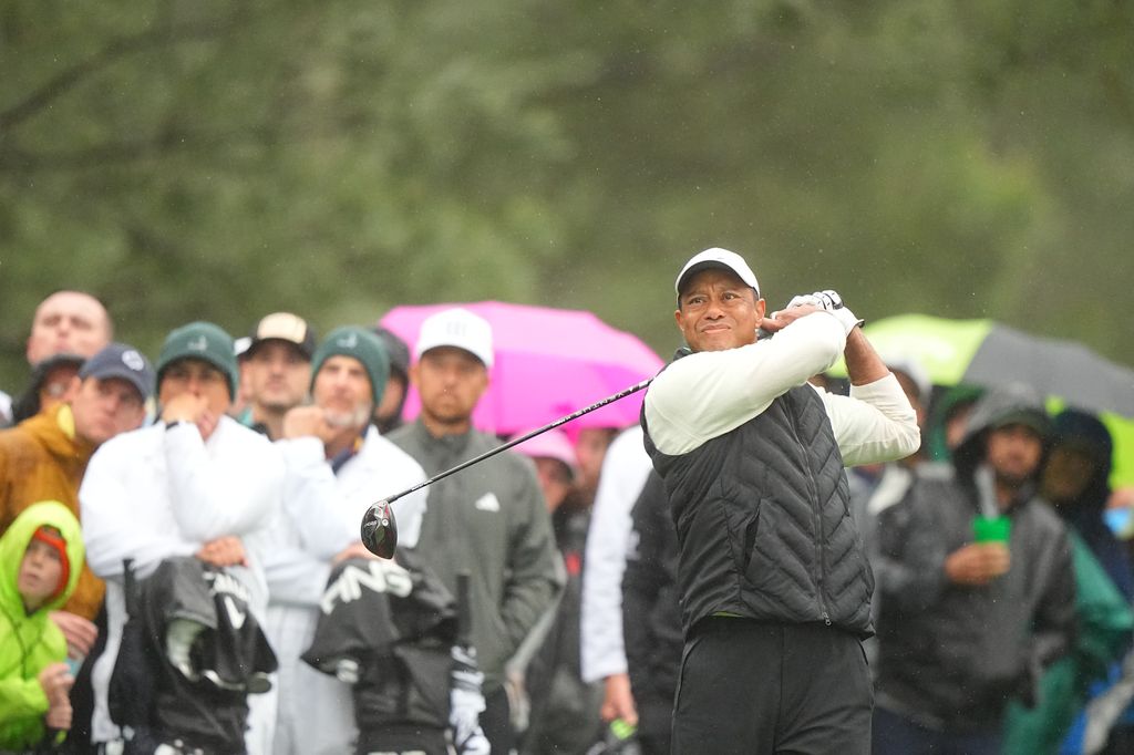 Tiger Woods in action, watches his tee shot during Round Two of the Masters Tournament at Augusta National.  Augusta, GA 4/8/2023 