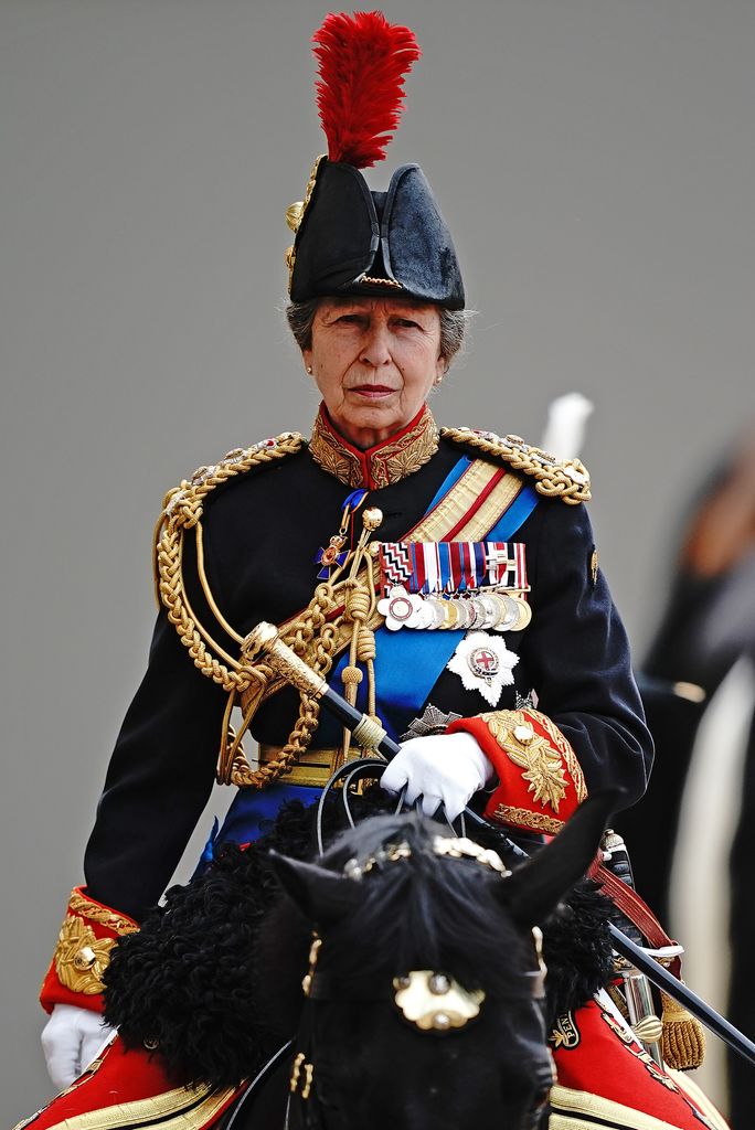 Princess Anne rides on horseback during Trooping the Colour