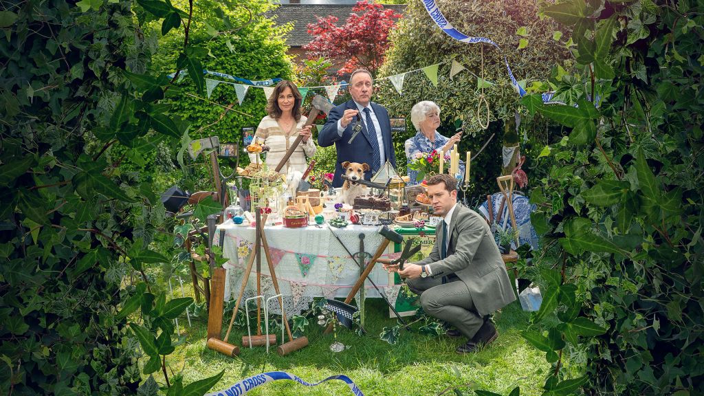 Promotional picture for Midsomer Murders season 24; four people stand around a table in a garden