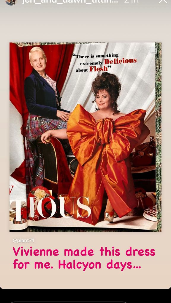 A photo of Dawn French wearing a Vivienne Westwood dress