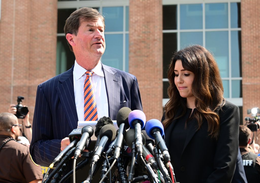 Johnny Depp lawyers Benjamin G. Chew, left, and Camille Vasquez, right, make statements outside the Fairfax County Courthouse_on June 1, 2022 in Fairfax, Virginia