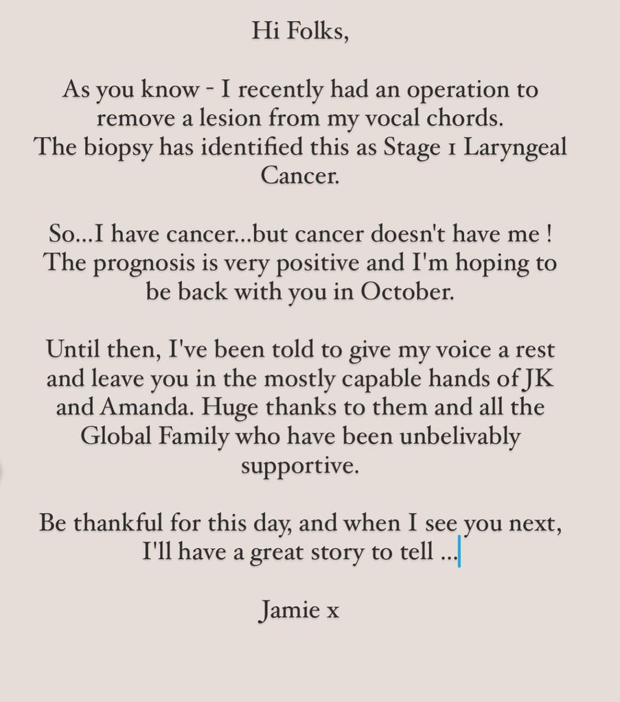 jamie's cancer diagnosis statement 