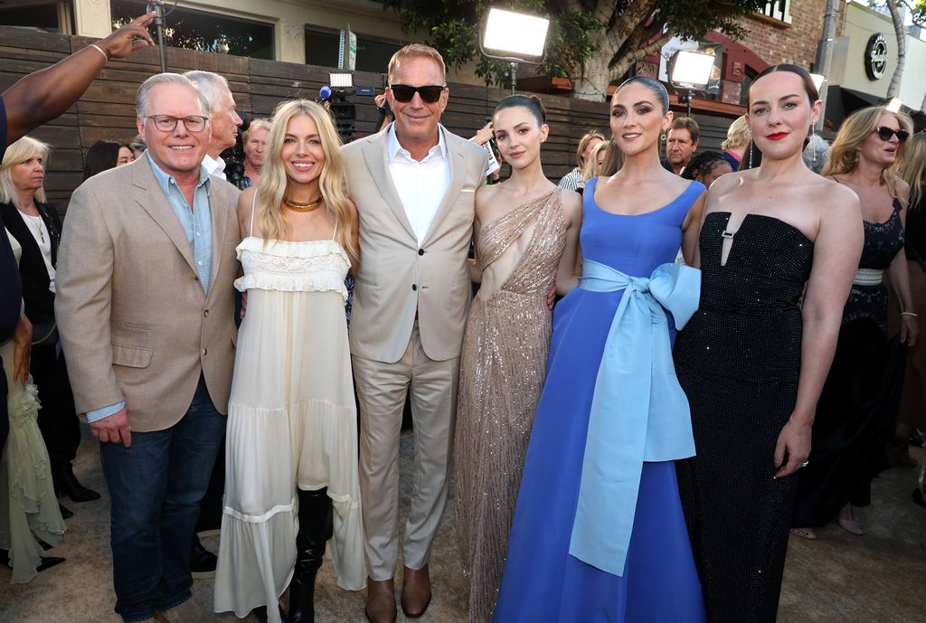 David Zaslav, CEO of Warner Bros. Discovery, Sienna Miller, writer/director/producer Kevin Costner, Ella Hunt, Isabelle Fuhrman and Jena Malone at the Los Angeles Premiere of "Horizon: An American Saga - Chapter 1" at Regency Village Theatre on June 24, 2024 in Los Angeles, California.