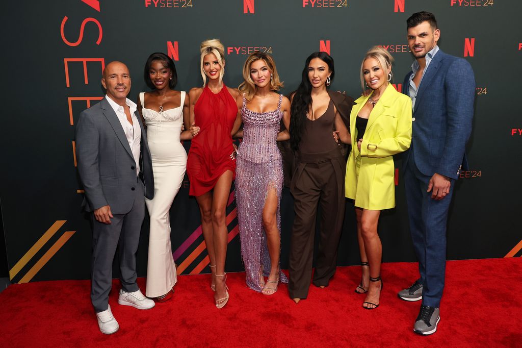 Brett Oppenheim, Chelsea Lazkani, Emma Hernan, Chrishell Stause, Bre Tiesi, Mary Fitzgerald and Romain Bonnet of Selling Sunset