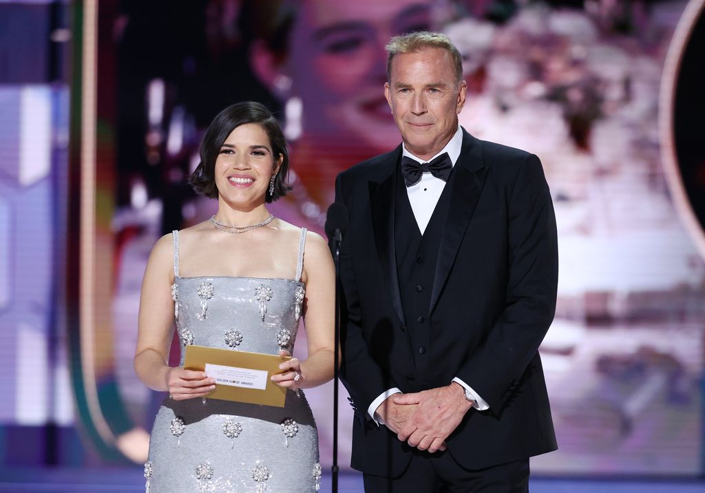 America Ferrera and Kevin Costner at the 81st Golden Globe Awards held at the Beverly Hilton Hotel on January 7, 2024 in Beverly Hills, California.