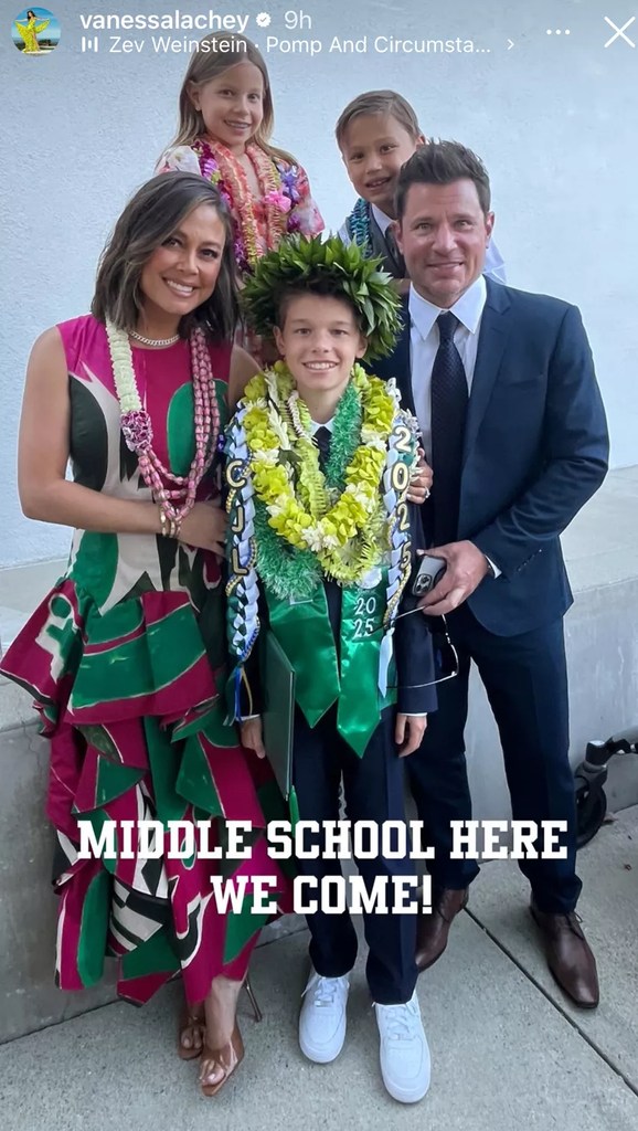 Vanessa Lachey poses with children and husband Nick, all wearing lei
